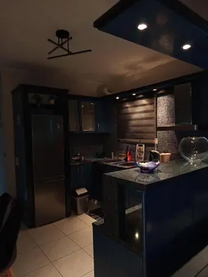 a kitchen with a refrigerator and a counter top at Chrysa's house in Piraeus