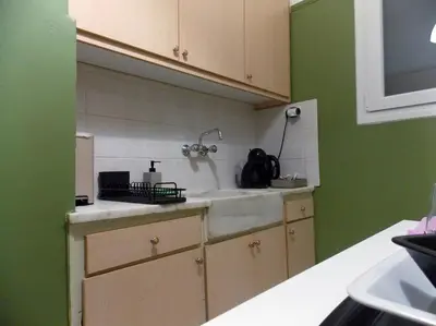 a kitchen with green walls and a white sink at Urban Pop Athens - City & Culture in Athens