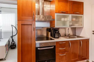 a kitchen with wooden cabinets and a stove top oven at Delimare, Acropolis & Sea View Rooftop, Paleo Faliro in Athens