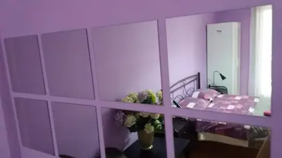 a purple bedroom with a bed and a window at Petaluda House 1 in Athens