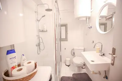 a bathroom with a shower and a toilet and a sink at Sunny Garden Apartment kolonaki in Athens