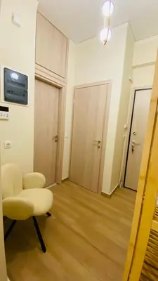 a living room with a chair and a television at Ilisia mini suite in Athens