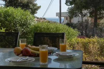 a table with fruit and glasses of orange juice at Palm & Pearl Apartment in Athens