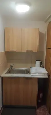 a kitchen with a sink and wooden cabinets at Dafni's Super Home in Athens