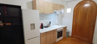a kitchen with a white refrigerator and wooden cabinets at Dafni's Super Home in Athens