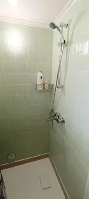 a bathroom with a shower with a green tiled wall at Dafni's Super Home in Athens
