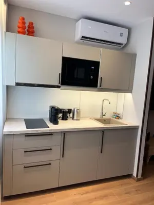 a small kitchen with a sink and a microwave at Psiri 38 Boutique Balcony Suite in Athens