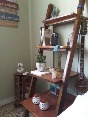 a wooden book shelf with a desk and a guitar at Froso's fresh old apartment in Gazi in Athens