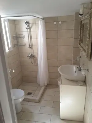 a bathroom with a shower and a toilet and a sink at Froso's fresh old apartment in Gazi in Athens