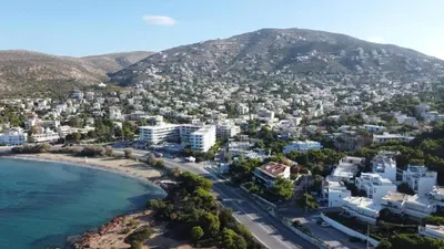 an aerial view of a city and the ocean at Saronida BEACH STUDIO in Saronida