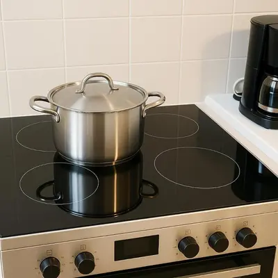 a pot on top of a stove in a kitchen at Saronida BEACH STUDIO in Saronida