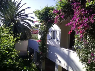 a white fence with pink flowers on it at Lagonissi Summer House in Lagonissi