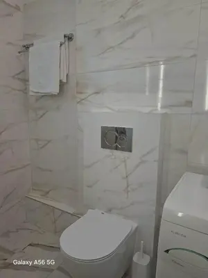 a bathroom with a white toilet and marble walls at Lagonissi Summer House in Lagonissi