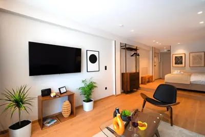 a living room with a flat screen tv on a wall at Psiri 48 Boutique Suite in Athens