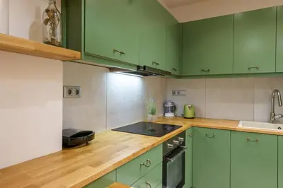a green kitchen with green cabinets and a sink at Nea Smyrni Square Appartment in Athens