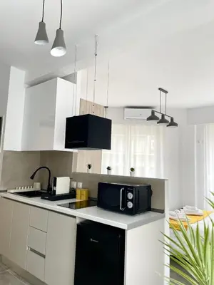 a kitchen with a black microwave on a counter at Athens Praxitelous Vibes & Nest in Athens