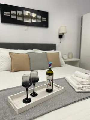a tray with a bottle of wine and glasses on a bed at Athens Praxitelous Vibes & Nest in Athens