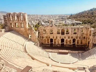 an empty amphitheater with a city in the background at Alimos Apartment near Edem Beach and the Sea with 2 Bedroom in Athens