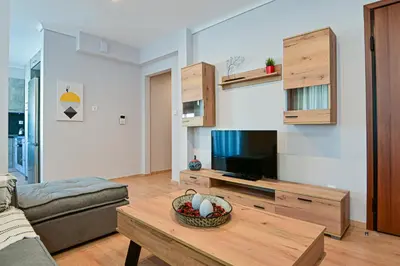 a living room with a couch and a television at Elegant Sea View Stay - Piraeus Port in Piraeus