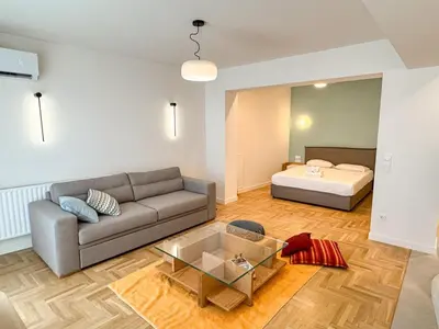 a living room with a couch and a bed at Syntagma Spacious Residence in Athens