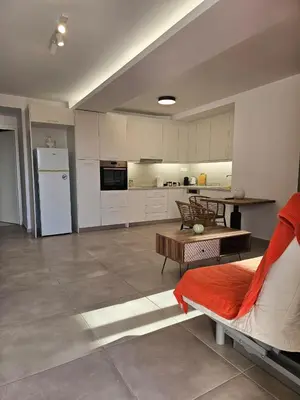a large room with a kitchen with a couch and a table at Olive Ridge in Porto Rafti