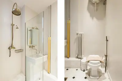 two images of a bathroom with a toilet and a shower at Restored Historic APT in Plaka,Under the Acropolis in Athens