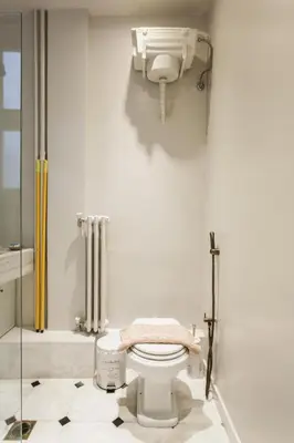a white bathroom with a toilet and a shower at Restored Historic APT in Plaka,Under the Acropolis in Athens