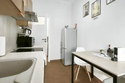 a kitchen with a refrigerator and a table with chairs at Velora Apartments in Athens