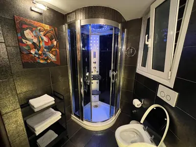 a bathroom with a shower and a toilet at MARGARITAS' SUITES viktoria square in Athens