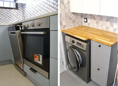 a kitchen with a stove and a washing machine at Cozy & Luxurious 70m2 apartment in Athens