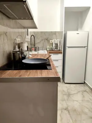 a kitchen with a white refrigerator and a counter at Athenian Stay Chara's Apartment in Athens
