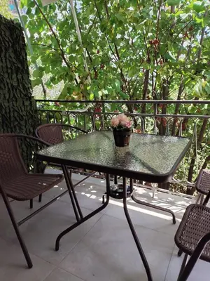 a green table with a potted plant on a patio at Athenian Stay Chara's Apartment in Athens