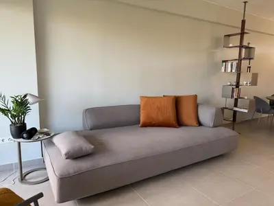 a couch with two pillows on it in a living room at Nomadic life-Elegant Apartment by Athens Riviera in Athens