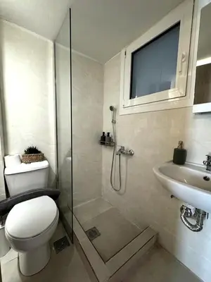 a bathroom with a shower and a toilet and a sink at Athenian Stay Chara's 2 Apartment in Athens