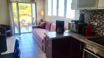 a living room with a couch in a kitchen at Spacious Modern apartment in Palaiá Fókaia