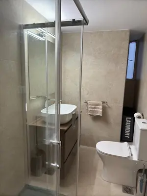 a bathroom with a sink and a toilet and a shower at Cozy & Fully renovated apartment in Athens
