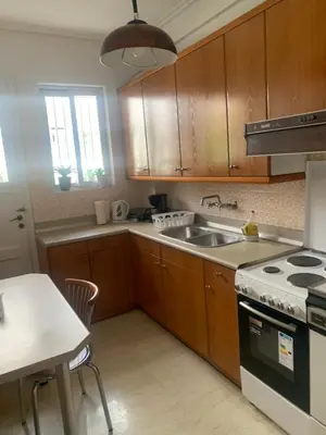 a kitchen with wooden cabinets and a sink and a stove at Παλαιό Φάληρο Αθηναϊκή Ριβιέρα in Athens