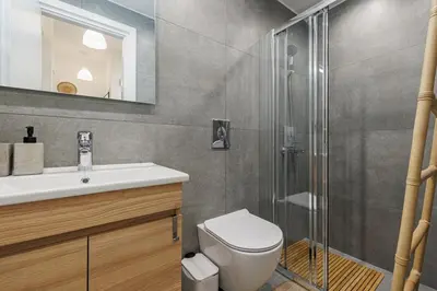 a bathroom with a shower and a toilet and a sink at Sunlit homie flat at Arrianou! in Athens