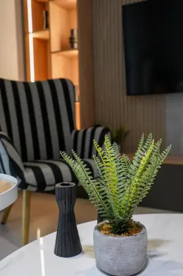 a plant in a vase on a table with two chairs at Airrent Apartments 2 Designer Stay Free Parking Quiet Central in Athens