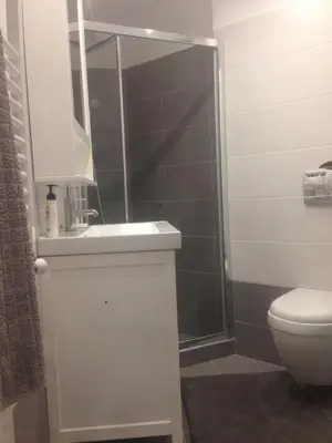 a bathroom with a shower and a sink and a toilet at Quiet, central, on airport metro and bus line in Athens