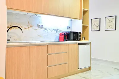 a kitchen with a sink and a microwave at Acropolis Luxurious Apartment 100 Mbps Metro Garden in Athens