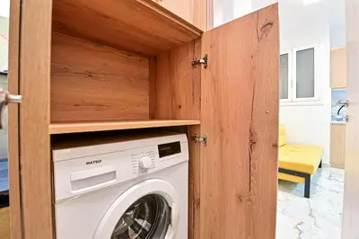 a laundry room with a washer and dryer at Acropolis Luxurious Apartment 100 Mbps Metro Garden in Athens