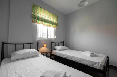two twin beds in a room with a window at Villa PAPADATES NEFELI in Barbaliáki