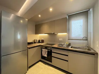a kitchen with a stainless steel refrigerator and a sink at Athenean Cozy Nest in Athens