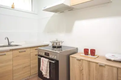a kitchen with a stove with a tea pot on it at Spacious Sunny Apartment in Athens