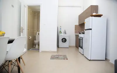 a kitchen with a refrigerator and a washer and dryer at Aimou Suites in Piraeus
