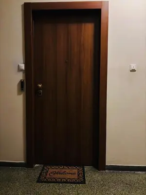 a wooden door in a room with a rug at Elysian Αpartment II in Athens