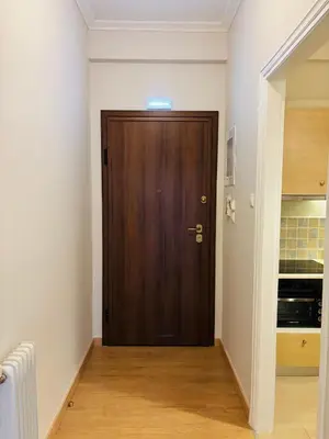 a dark wooden door in a room with a kitchen at Elysian Αpartment II in Athens
