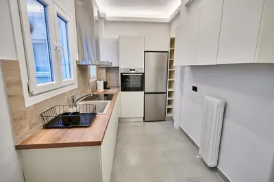a kitchen with a sink and a refrigerator at Brand new Athens Museum Apt in Athens