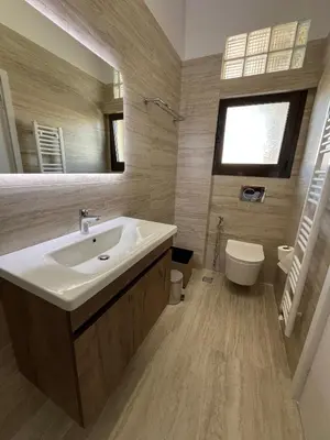 a bathroom with a sink and a toilet and a mirror at J&N Living in Spáta